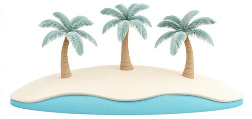 Fototapeta premium Deserted island, palm trees and turquoise water, 3D illustration, isolated on white background