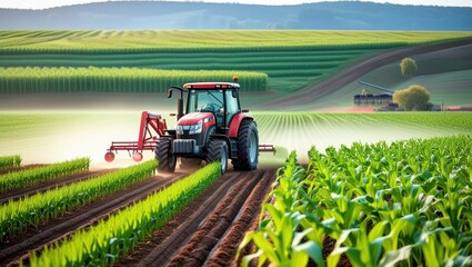 Vibrant red tractor in lush green field, expansive rural landscape, rolling hills, misty morning atmosphere, golden sunrise, precision farming, agricultural machinery, corn rows, fertile soil, idyllic