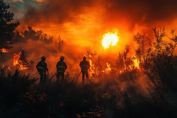 Fototapeta premium firefighters in the forest. a lot of smoke and fire