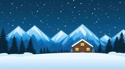 Fototapeta premium Wooden lodge by snowy mountains, holiday decorations, Remote winter retreat