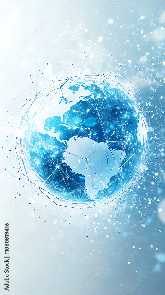 Poster the earth in blue: global digital communication through network connection and rotation