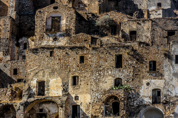 Abandoned ruins of the ghost town of Craco. A city abandoned due to an earthquake in the late 20th century. Province of Matera, Basilicata, Italy