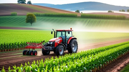 Fototapeta premium Vibrant red tractor in lush green field, expansive rural landscape, rolling hills, misty morning atmosphere, golden sunrise, precision farming, agricultural machinery, corn rows, fertile soil, idyllic