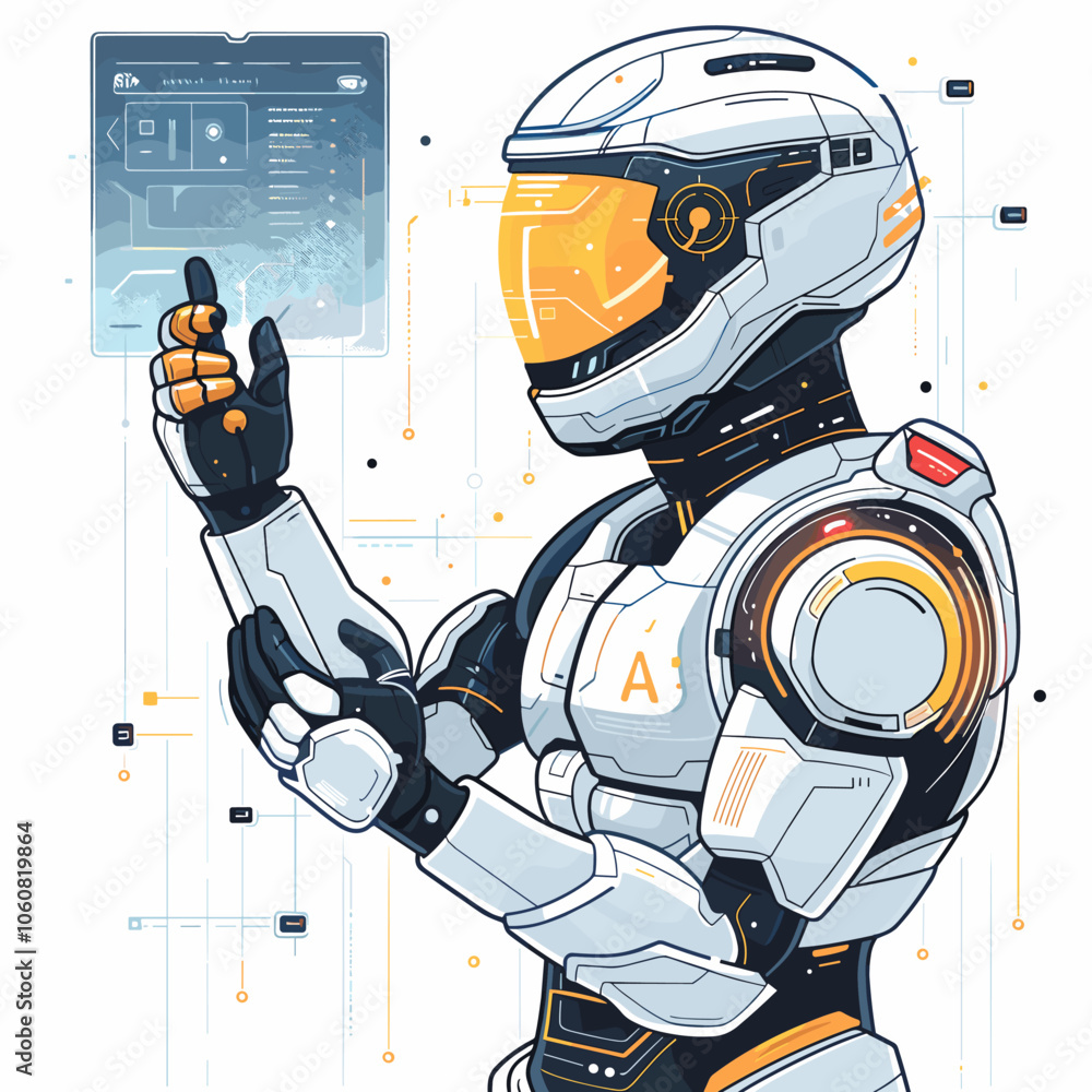 Poster robot is holding a tablet and pointing at something on the screen. the robot is wearing a white suit