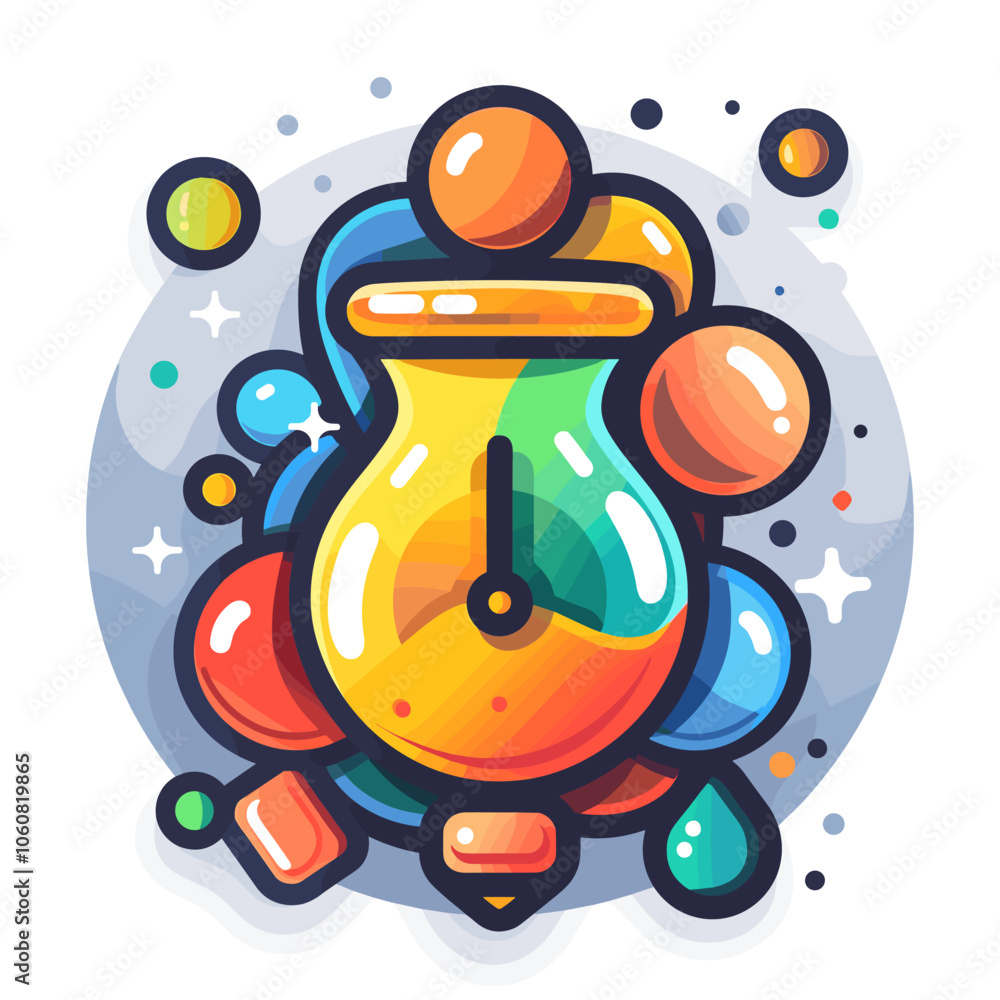 Poster colorful vase with a clock on it. the clock is set at 12:00. the vase is filled with colorful balls,