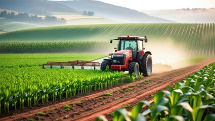 Fototapeta premium Vibrant red tractor in lush green field, expansive rural landscape, rolling hills, misty morning atmosphere, golden sunrise, precision farming, agricultural machinery, corn rows, fertile soil, idyllic