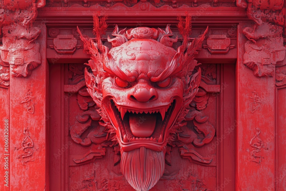 Poster a large red dragon's head is attached to the side of a building, perhaps as a decorative feature or 