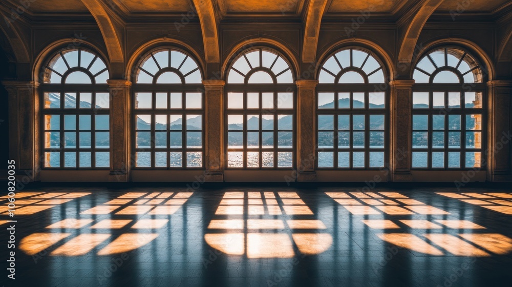 Poster sunbeams through arched windows illuminate an empty room overlooking a lake and distant mountains.