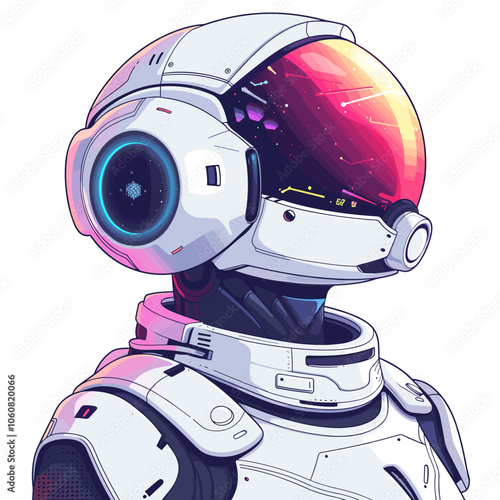 Poster robot astronaut with a helmet and a space suit. the helmet has a blue and white design with a blue c