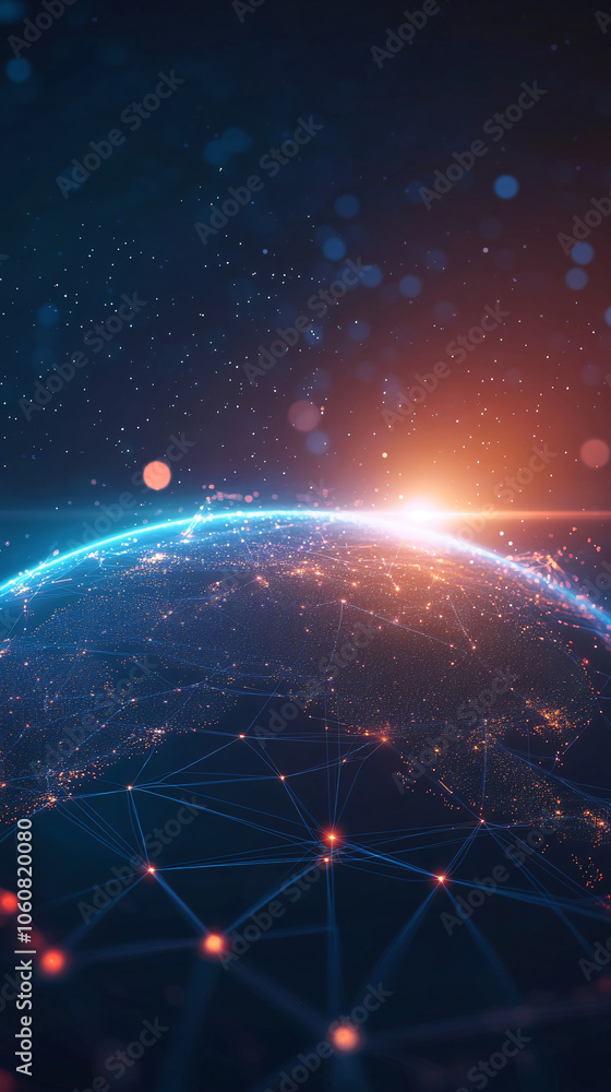 Poster planet earth rotating in space showing north america illuminated by the sun with a network of connec