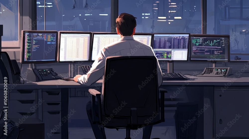 Poster trader analyzing stock market data in trading room office