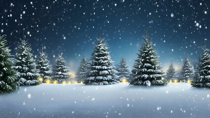 Obraz premium christmas tree and snow. christmas trees in the snow. christmas tree with lights in the background