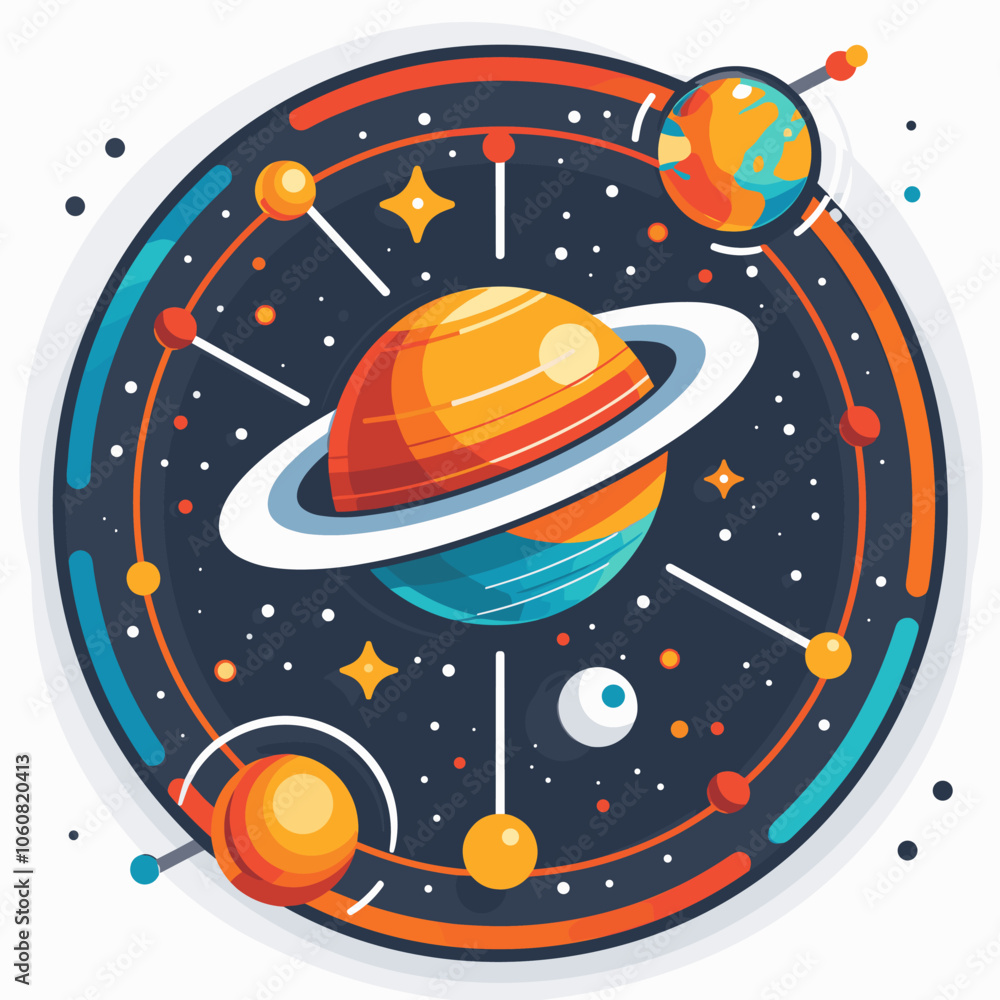 Poster colorful drawing of a planet with a blue and orange ring around it. the planet is surrounded by othe