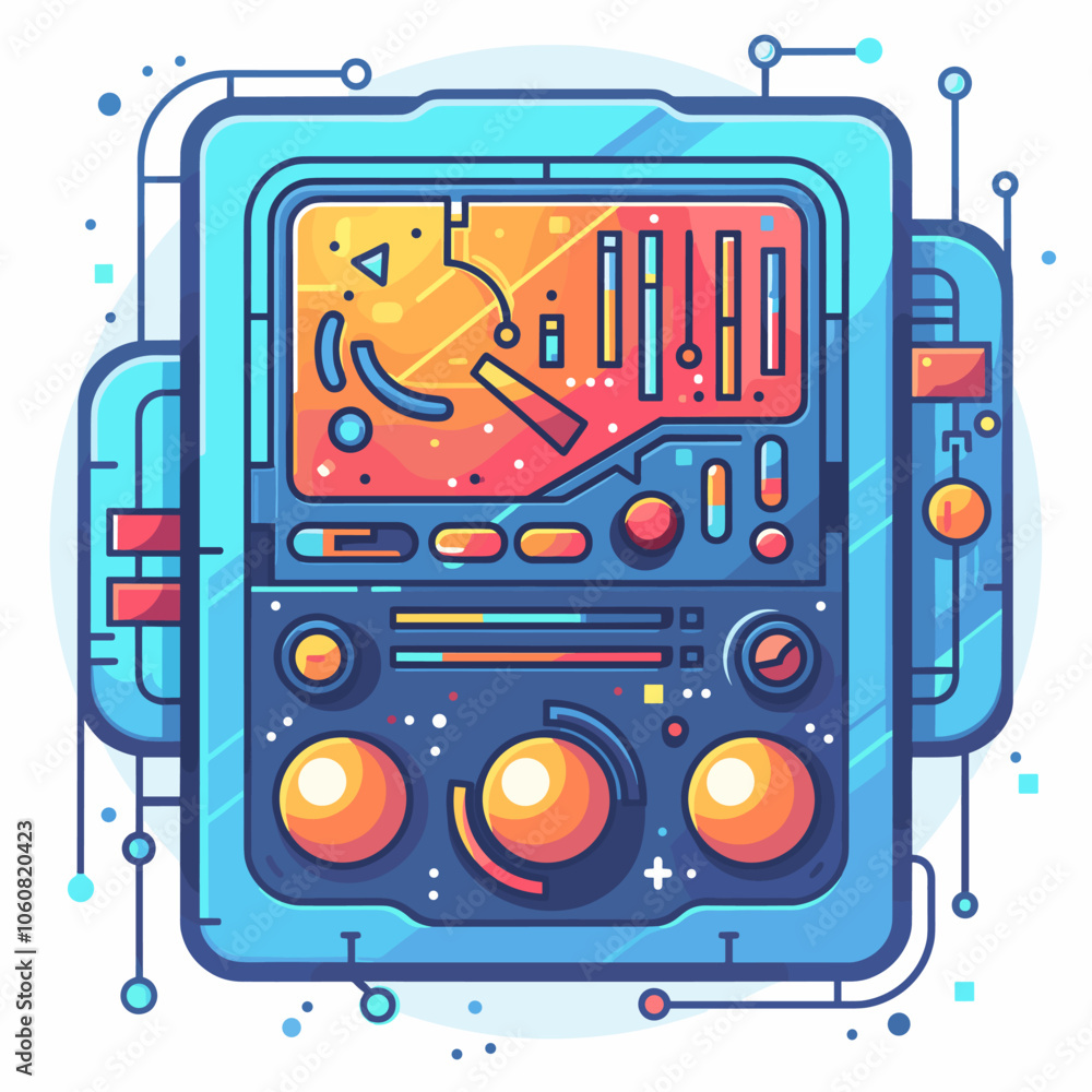 Aufkleber blue and orange electronic device with buttons and dials. the device is colorful and has a futuristi