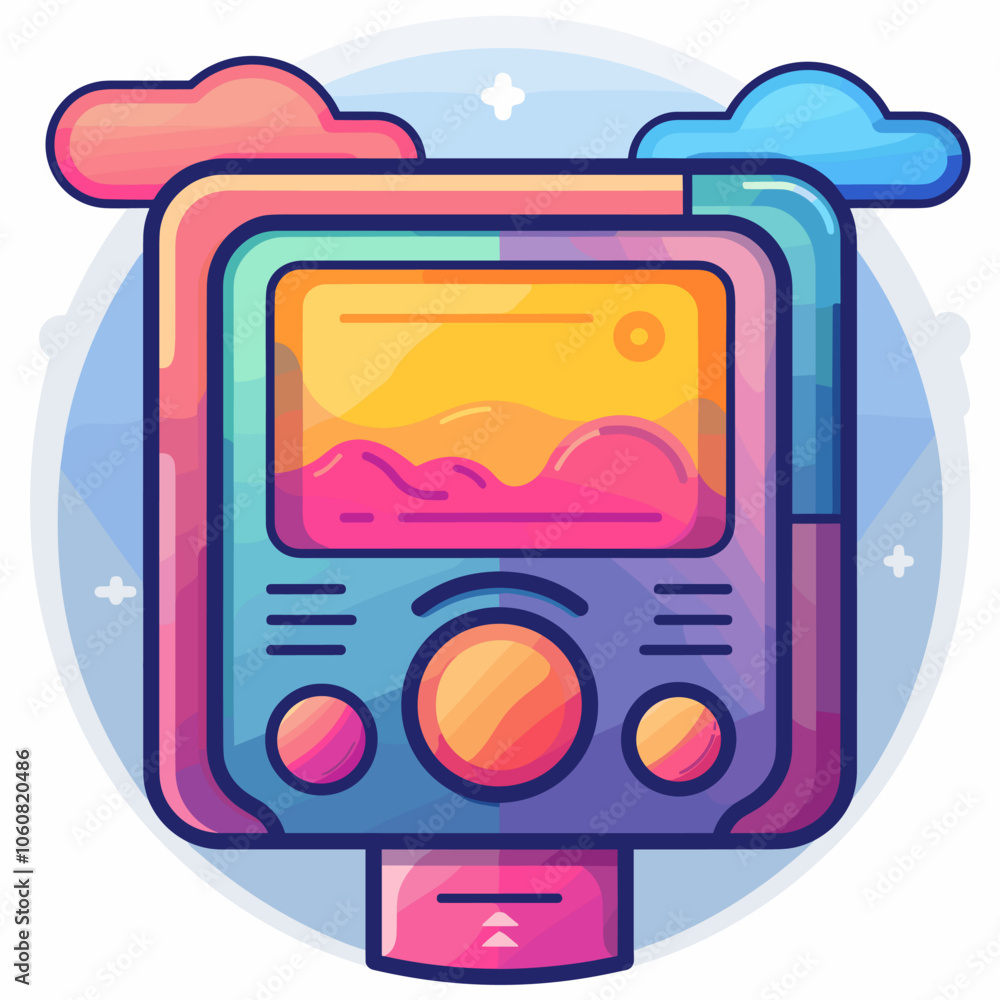 Poster colorful electronic device with a screen that shows a landscape. the device is designed to be used f