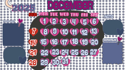 December 2025 Calendar design.calendar with polkadot  background design. Calendar 2025 Geometris  background 