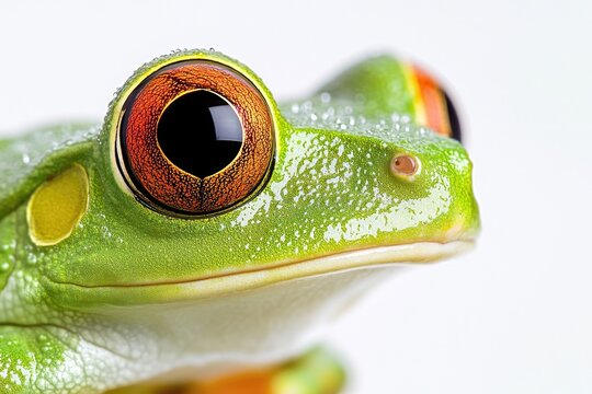 A close-up view of a frog's eye on a white background