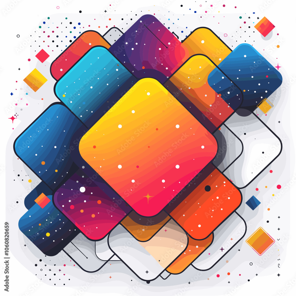 Poster colorful background with squares of different colors and sizes. the squares are filled with stars an
