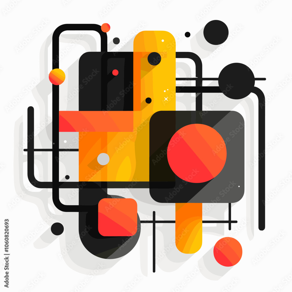 Poster colorful abstract drawing with many shapes and circles. the drawing is full of energy and movement, 