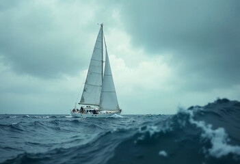 Sailboat Navigating Through Rough Ocean Waves in a Stormy Sky