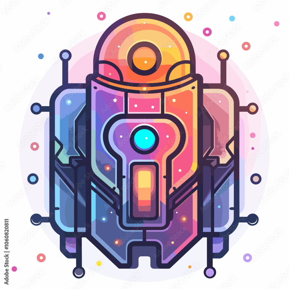 Poster colorful robot with a blue eye and a yellow head. the robot is surrounded by a circle of dots
