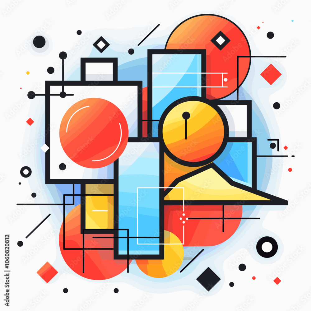 Poster colorful abstract drawing with a clock in the center. the clock is surrounded by various shapes and 