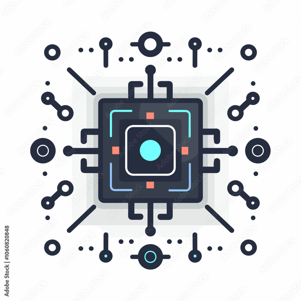 Poster computer chip with many small squares and circles. the squares and circles are connected to each oth