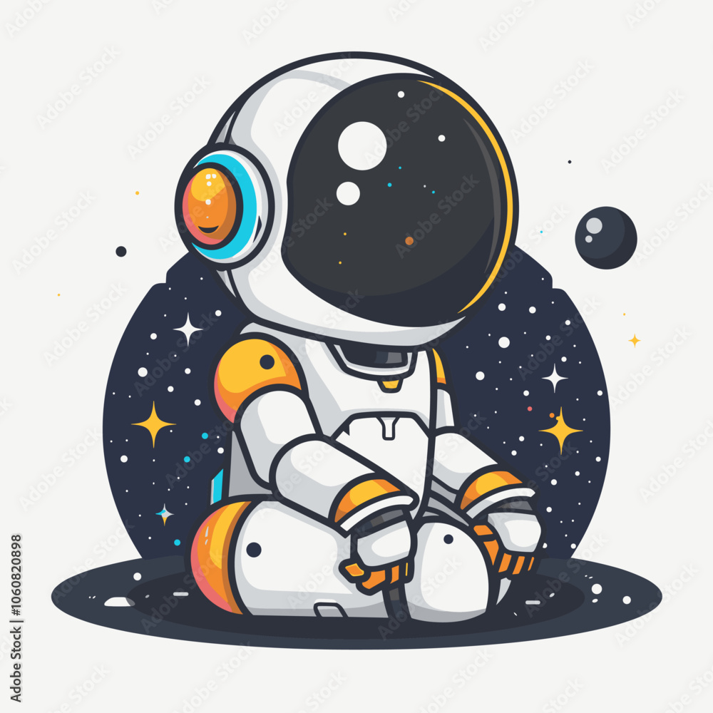 Poster cartoon astronaut is sitting on the floor of a spaceship. the astronaut is smiling and he is relaxed