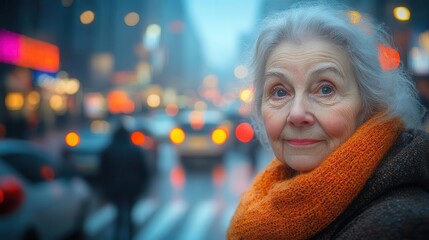 Fototapeta premium elderly woman navigates a busy city street at dusk surrounded by the hustle and bustle of urban life radiating resilience and grace