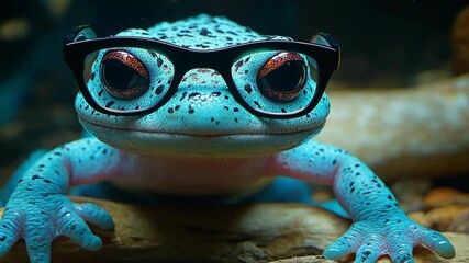A blue frog wearing glasses sits on a branch