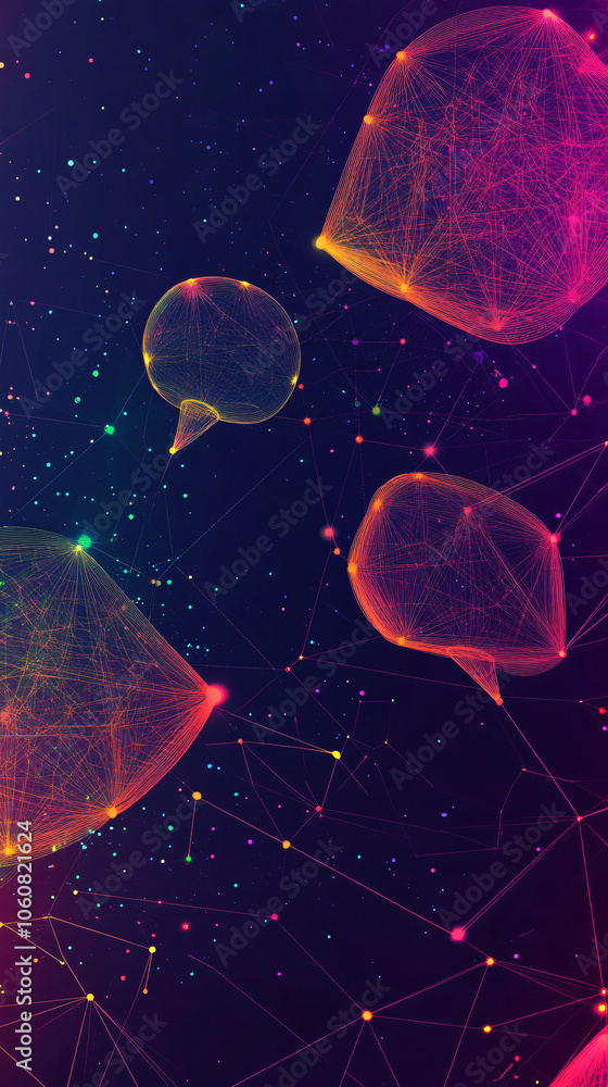 Aufkleber Speech bubbles forming abstract network, connecting dots with lines on dark background with glowing particles