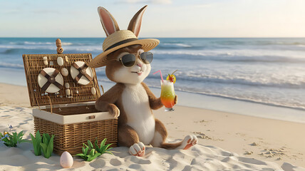 Cool Easter bunny on vacation on the beach with a cocktail.