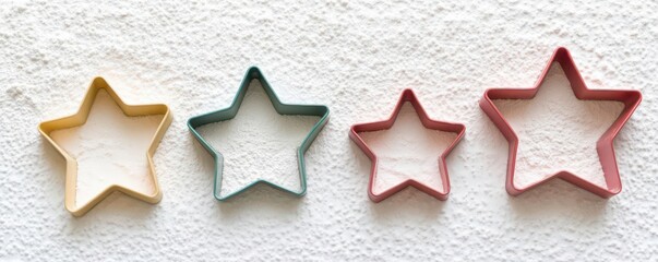 Fototapeta premium Flat lay of holiday cookie cutters on a minimalist white surface with only a dusting of flour
