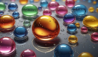 Glass Orbs on Reflective Surface with Water Droplets