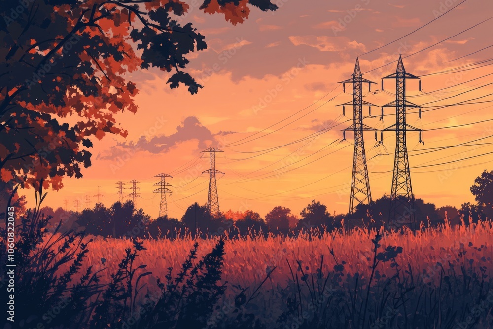 Poster landscape image of power lines and trees in the background, ideal for use as a filler or background 
