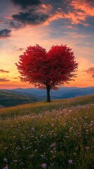 Beautiful Heart-Shaped Tree, Romantic Landscape at Sunset,  Love Theme, 