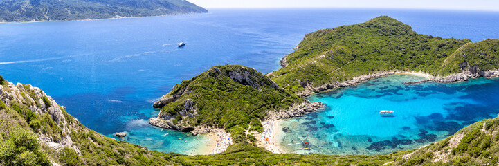 Porto Timoni beach with turquoise sea panorama on Corfu island in Greece