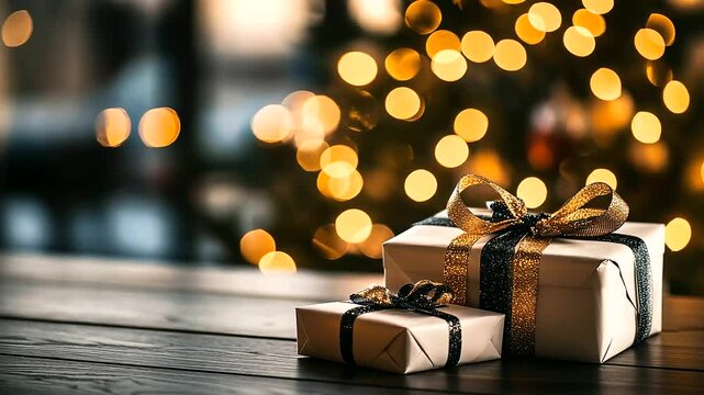 White and gold gifts tied with luxurious ribbons rest under a tree draped in twinkling lights, with a softly blurred window and glowing bokeh lights adding warmth and elegance to t