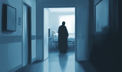 Fototapeta premium Hospital room doorway, figure silhouetted.