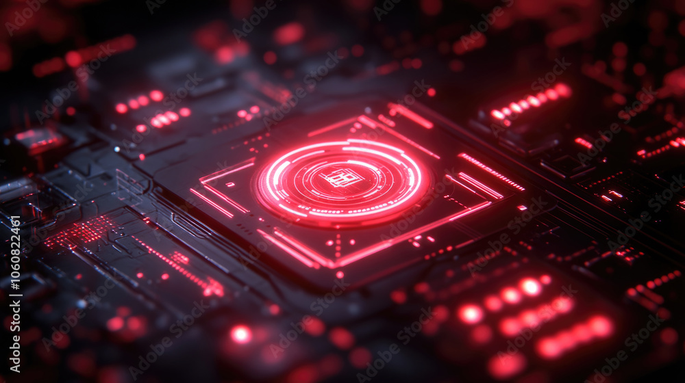 Poster a detailed view of a black motherboard featuring a vibrant red processor highlighted with glowing li