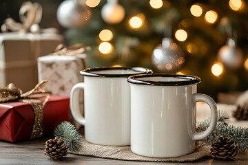 Fototapeta premium Bright and airy lifestyle scene featuring two white enamel mugs with black rims stacked in front of a beautifully decorated Christmas tree, surrounded by presents and bokeh lights.
