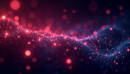 Abstract wave of glowing red and pink particles on dark background