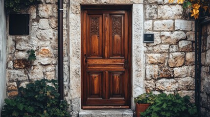 Rustic Wooden Door in Stone Building Entrance
