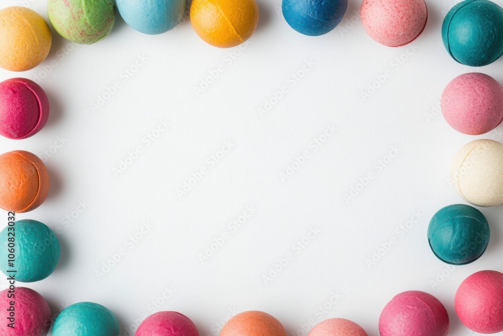 Poster colorful round candies arranged in a circular pattern on a white isolated background.