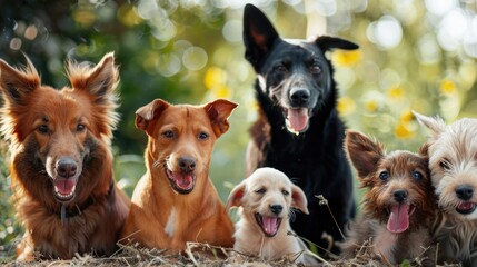A group of dogs sit comfortably next to each other, great for pet-related content