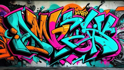 Colorful graffiti art, vibrant street mural, wildstyle lettering, neon colors, abstract urban design, spray paint texture, dynamic curves and arrows, intricate overlapping shapes, psychedelic color pa