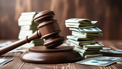 Wooden gavel, stack of dollar bills, legal documents, dramatic lighting, courtroom setting, financial justice concept, corruption theme, law and money, high contrast, shallow depth of field, detailed 