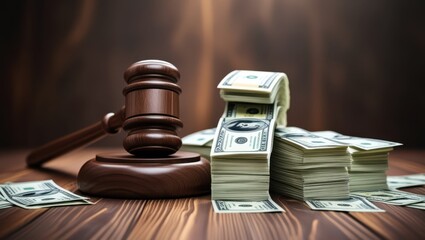 Wooden gavel, stack of dollar bills, legal documents, dramatic lighting, courtroom setting, financial justice concept, corruption theme, law and money, high contrast, shallow depth of field, detailed 