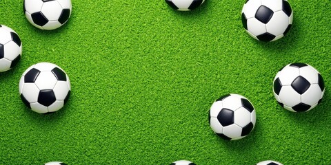 Repeated pattern of soccer balls in various sizes and angles on a vibrant green background, decoration, sport