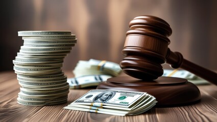 Wooden gavel, stack of dollar bills, legal documents, dramatic lighting, courtroom setting, financial justice concept, corruption theme, law and money, high contrast, shallow depth of field, detailed 